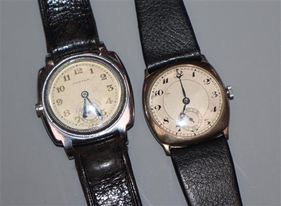 A gentlemans 1930s? Oyster manual wind wrist watch and a late 1920s silver wrist watch.